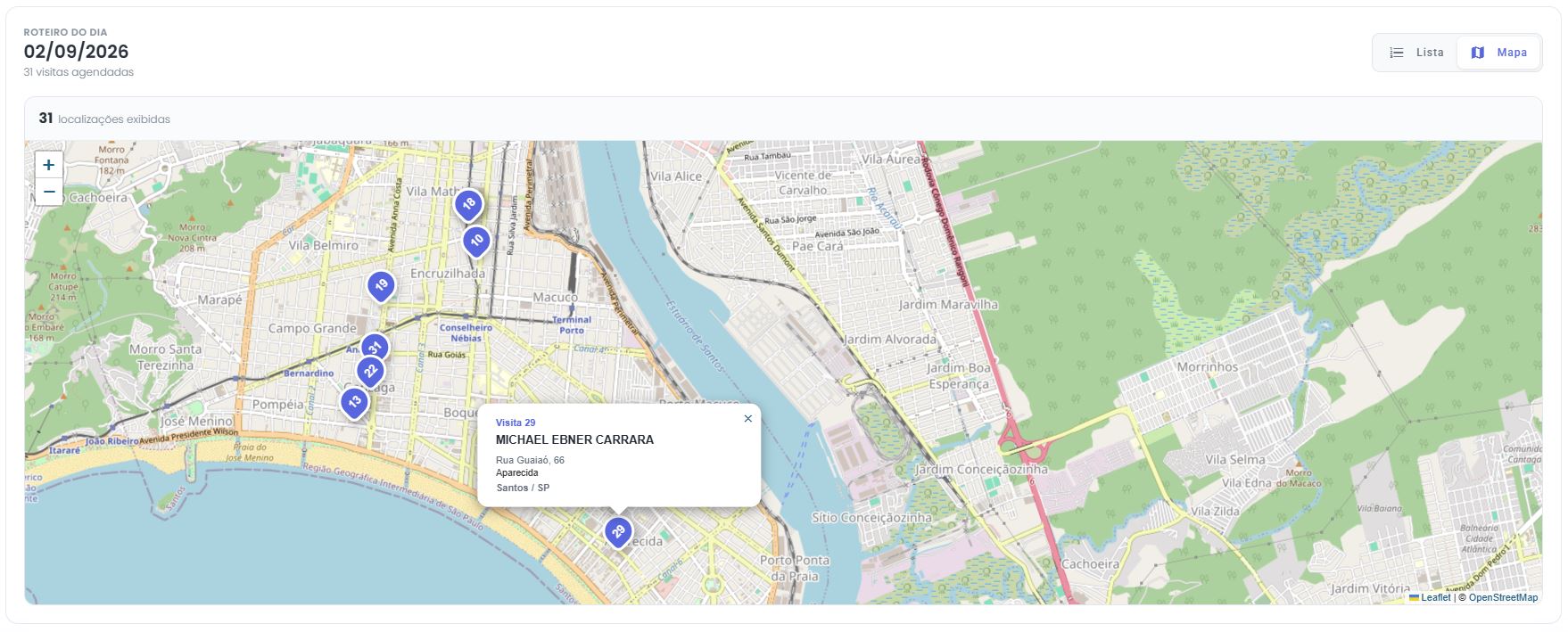 Roteiro de visitação médica com profissionais distribuídos no mapa